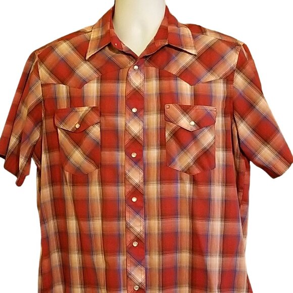 Wrangler Other - Vintage Wrangler Mens Shirt L Western Pearl Snap Short Sleeve Red Blue Plaid